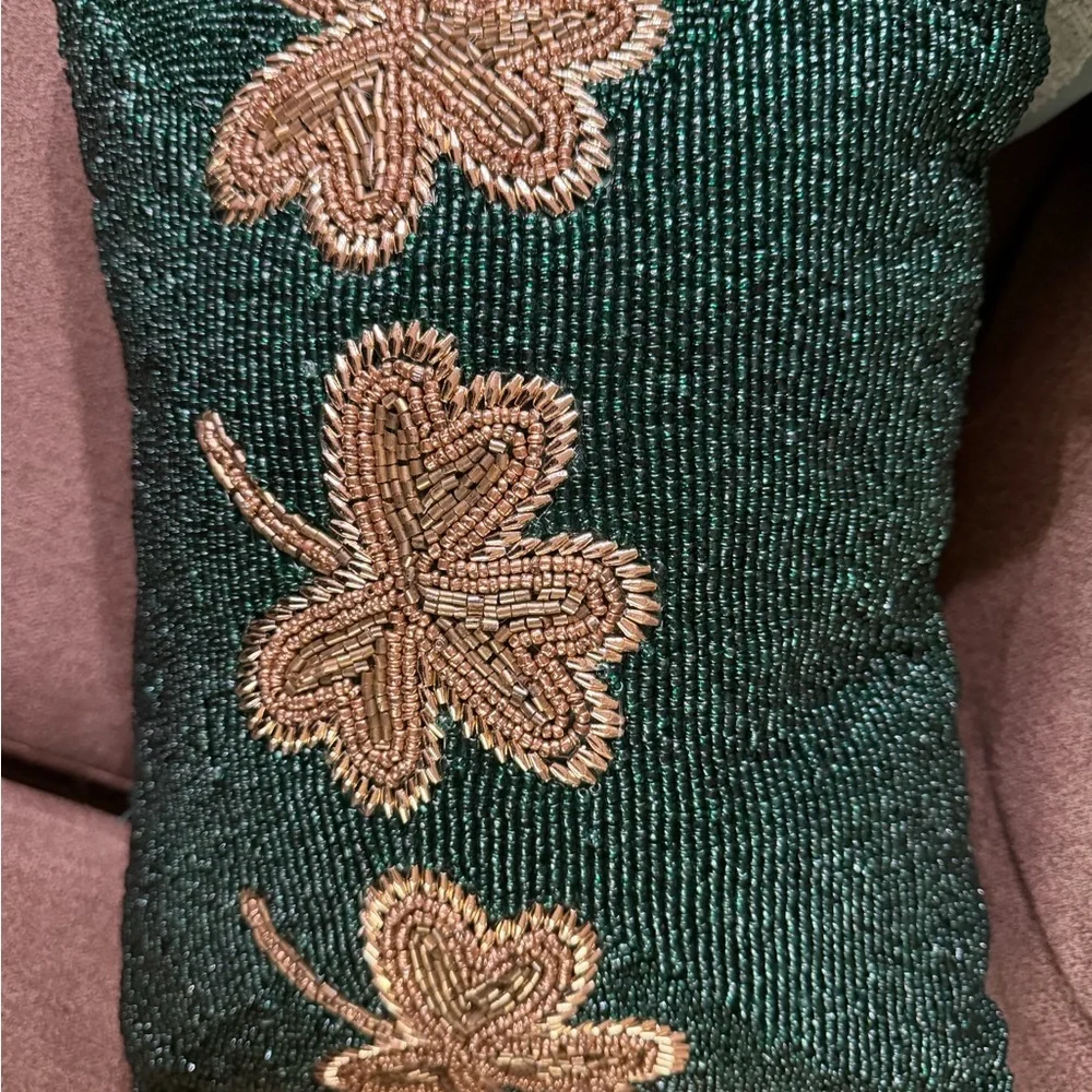 Lucky Lane Green Beaded Pillow with Gold Accents